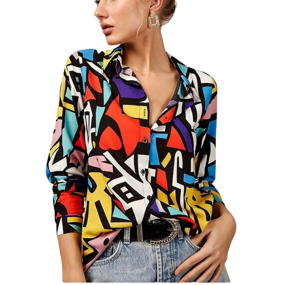Retro Women's Button-Down Colorful, Colorblock Blouse